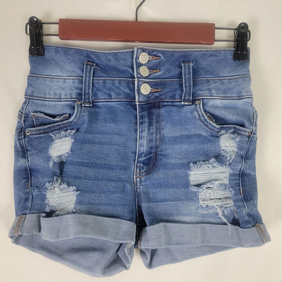 Ibiza Denim Shorts Junior 3 Blue Jean High Rise Push Up Triple Button Distressed - Picture 1 of 14
